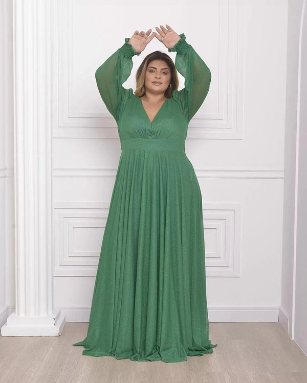 Vestido Plissado de Festa Plus Size longo